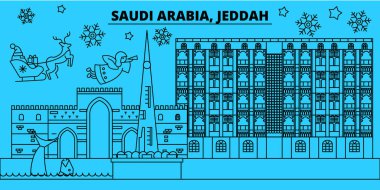 Suudi Arabistan Cidde kış tatil manzarası. Mutlu Noeller, mutlu yeni yıl afiş Santa Claus.Saudi Arabistan, Cidde doğrusal Noel şehir vektör düz çizim ile dekore edilmiş