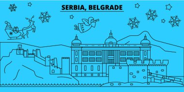 Sırbistan, Belgrad kış tatil manzarası. Mutlu Noeller, mutlu yeni yıl afiş Santa Claus.Serbia, Belgrad doğrusal Noel şehir vektör düz çizim ile dekore edilmiş