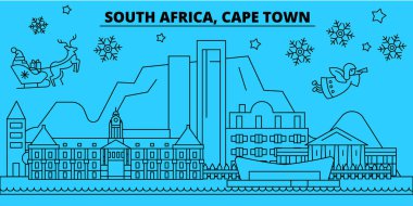 Güney Afrika, Cape Town kış tatil manzarası. Mutlu Noeller, mutlu yeni yıl afiş Santa Claus.South Afrika, Cape Town doğrusal Noel şehir vektör düz çizim ile dekore edilmiş