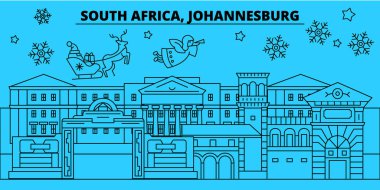 Güney Afrika, Johannesburg kış tatil manzarası. Mutlu Noeller, mutlu yeni yıl afiş Santa Claus.Outline vektör ile dekore edilmiştir. Güney Afrika, Johannesburg doğrusal Noel şehir şekil