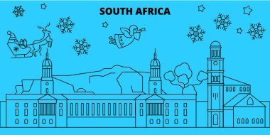 Güney Afrika kış tatil manzarası. Mutlu Noeller, mutlu yeni yıl afiş Santa Claus.South Afrika doğrusal Noel şehir vektör düz çizim ile dekore edilmiş