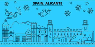 İspanya, Alicante kış tatil manzarası. Mutlu Noeller, mutlu yeni yıl afiş Santa Claus.Spain, Alicante doğrusal Noel şehir vektör düz çizim ile dekore edilmiş