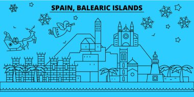 İspanya, Balear Adaları kış tatil manzarası. Mutlu Noeller, mutlu yeni yıl afiş Santa Claus.Spain, Balear Adaları doğrusal Noel şehir vektör düz çizim ile dekore edilmiş