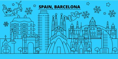 İspanya, Barcelona şehir kış tatil manzarası. Mutlu Noeller, mutlu yeni yıl afiş Santa Claus.Spain, Barcelona şehir doğrusal Noel şehir vektör düz çizim ile dekore edilmiş
