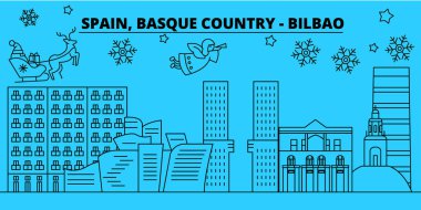 İspanya, Bilbao, Bask Ülkesi kış tatil manzarası. Mutlu Noeller, mutlu yeni yıl Noel Baba Claus.Spain, Bilbao, Bask Ülkesi doğrusal Noel şehir vektör düz çizim ile