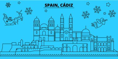 İspanya, Cadiz kış tatil manzarası. Mutlu Noeller, mutlu yeni yıl afiş Santa Claus.Spain, Cadiz doğrusal Noel şehir vektör düz çizim ile dekore edilmiş