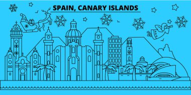 İspanya, canarinha Adaları kış tatil manzarası. Mutlu Noeller, mutlu yeni yıl afiş Santa Claus.Spain, canarinha Adaları doğrusal Noel şehir vektör düz çizim ile dekore edilmiş