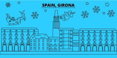İspanya, Girona kış tatil manzarası. Mutlu Noeller, mutlu yeni yıl afiş Santa Claus.Spain, Girona doğrusal Noel şehir vektör düz çizim ile dekore edilmiş