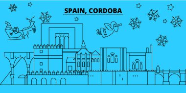 İspanya, Cordoba kış tatil manzarası. Mutlu Noeller, mutlu yeni yıl afiş Santa Claus.Spain, Cordoba doğrusal Noel şehir vektör düz çizim ile dekore edilmiş