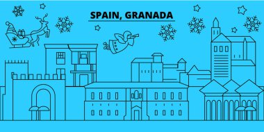 İspanya, Granada kış tatil manzarası. Mutlu Noeller, mutlu yeni yıl afiş Santa Claus.Spain, Granada doğrusal Noel şehir vektör düz çizim ile dekore edilmiş