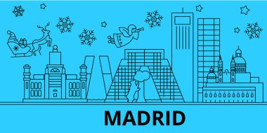 İspanya, Madrid kış tatil manzarası. Mutlu Noeller, mutlu yeni yıl afiş Santa Claus.Spain, Madrid doğrusal Noel şehir vektör düz çizim ile dekore edilmiş