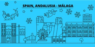 Ýspanya, Malaga, Andalusia kış tatil manzarası. Mutlu Noeller, mutlu yeni yıl afiş Santa Claus.Flat, Anahat vektör ile dekore edilmiştir. Ýspanya, Malaga, Andalusia doğrusal Noel şehir şekil