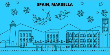 İspanya, Marbella kış tatil manzarası. Mutlu Noeller, mutlu yeni yıl afiş Santa Claus.Spain, Marbella doğrusal Noel şehir vektör düz çizim ile dekore edilmiş