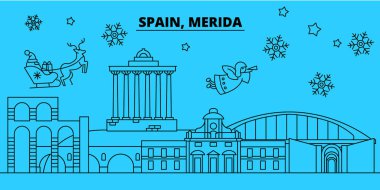 İspanya, Merida kış tatil manzarası. Mutlu Noeller, mutlu yeni yıl afiş Santa Claus.Spain, Merida doğrusal Noel şehir vektör düz çizim ile dekore edilmiş
