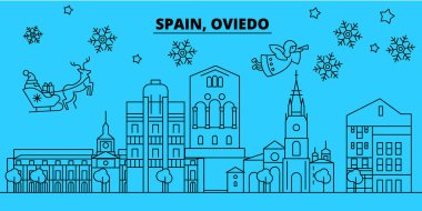 İspanya, Oviedo kış tatil manzarası. Mutlu Noeller, mutlu yeni yıl afiş Santa Claus.Spain, Oviedo doğrusal Noel şehir vektör düz çizim ile dekore edilmiş