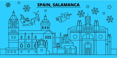 İspanya, Salamanca kış tatil manzarası. Mutlu Noeller, mutlu yeni yıl afiş Santa Claus.Spain, Salamanca doğrusal Noel şehir vektör düz çizim ile dekore edilmiş