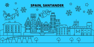 İspanya, Santander kış tatil manzarası. Mutlu Noeller, mutlu yeni yıl afiş Santa Claus.Spain, Santander doğrusal Noel şehir vektör düz çizim ile dekore edilmiş