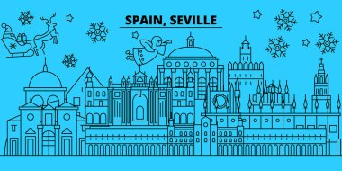 İspanya, Seville kış tatil manzarası. Mutlu Noeller, mutlu yeni yıl afiş Santa Claus.Spain, Seville doğrusal Noel şehir vektör düz çizim ile dekore edilmiş