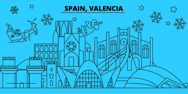İspanya, Valencia kış tatil manzarası. Mutlu Noeller, mutlu yeni yıl afiş Santa Claus.Spain, Valencia doğrusal Noel şehir vektör düz çizim ile dekore edilmiş