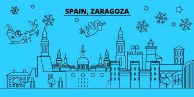 İspanya, Zaragoza kış tatil manzarası. Mutlu Noeller, mutlu yeni yıl afiş Santa Claus.Spain, Zaragoza doğrusal Noel şehir vektör düz çizim ile dekore edilmiş