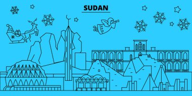 Sudan kış tatil manzarası. Mutlu Noeller, mutlu yeni yıl Noel Baba ile banner dekore edilmiştir. Sudan doğrusal Noel şehir vektör düz çizim