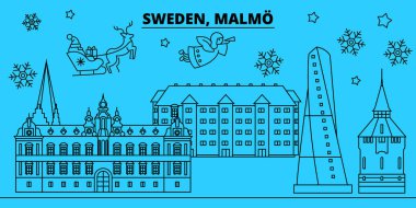 İsveç, Malmö kış tatil manzarası. Mutlu Noeller, mutlu yeni yıl afiş Santa Claus.Flat, Anahat vektör ile dekore edilmiştir. İsveç, Malmö doğrusal Noel şehir şekil