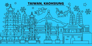 Tayvan, Kaohsiung kış tatil manzarası. Mutlu Noeller, mutlu yeni yıl afiş Santa Claus.Flat, Anahat vektör ile dekore edilmiştir. Tayvan, Kaohsiung doğrusal Noel şehir şekil