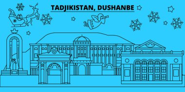 Tacikistan Duşanbe kış tatil manzarası. Mutlu Noeller, mutlu yeni yıl afiş Santa Claus.Tajikistan, Duşanbe doğrusal Noel şehir vektör düz çizim ile dekore edilmiş