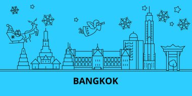 Tayland, Bangkok kış tatil manzarası. Mutlu Noeller, mutlu yeni yıl afiş Santa Claus.Thailand, Bangkok doğrusal Noel şehir vektör düz çizim ile dekore edilmiş