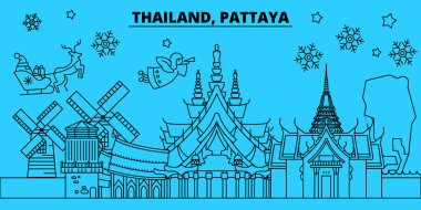 Tayland, Pattaya-kış tatil manzarası. Mutlu Noeller, mutlu yeni yıl afiş Santa Claus.Thailand, Pattaya - doğrusal Noel şehir vektör düz çizim ile dekore edilmiş