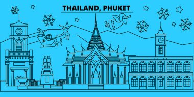 Tayland Phuket kış tatil manzarası. Mutlu Noeller, mutlu yeni yıl afiş Santa Claus.Thailand, Phuket doğrusal Noel şehir vektör düz çizim ile dekore edilmiş