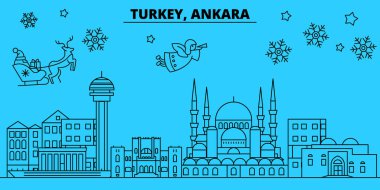 Türkiye, Ankara kış tatil manzarası. Mutlu Noeller, mutlu yeni yıl afiş Santa Claus.Turkey, Ankara doğrusal Noel şehir vektör düz çizim ile dekore edilmiş