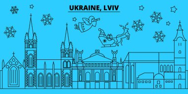 Ukrayna, Lviv kış tatil manzarası. Mutlu Noeller, mutlu yeni yıl afiş Santa Claus.Ukraine, Lviv doğrusal Noel şehir vektör düz çizim ile dekore edilmiş