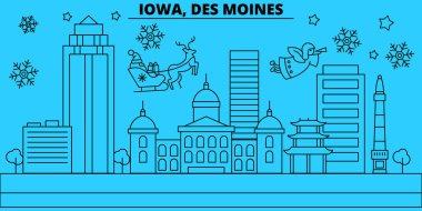 Amerika Birleşik Devletleri, Des Moines kış tatil manzarası. Mutlu Noeller, mutlu yeni yıl afiş Santa Claus.United Birleşik, Des Moines doğrusal Noel şehir vektör düz çizim ile dekore edilmiş
