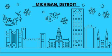 Amerika Birleşik Devletleri, Detroit kış tatil manzarası. Mutlu Noeller, mutlu yeni yıl afiş Santa Claus.United Birleşik Devletleri, Detroit doğrusal Noel şehir vektör düz çizim ile dekore edilmiş