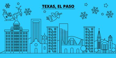 Amerika Birleşik Devletleri, El Paso kış tatil manzarası. Mutlu Noeller, mutlu yeni yıl afiş Santa Claus.United Birleşik, El Paso doğrusal Noel şehir vektör düz çizim ile dekore edilmiş