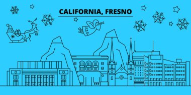 Amerika Birleşik Devletleri, Fresno kış tatil manzarası. Mutlu Noeller, mutlu yeni yıl afiş Santa Claus.United Birleşik, Fresno doğrusal Noel şehir vektör düz çizim ile dekore edilmiş