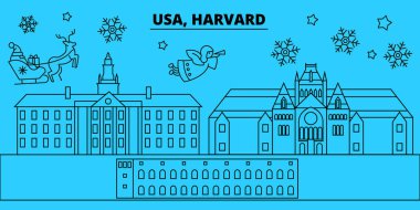 Amerika Birleşik Devletleri, Harvard kış tatil manzarası. Mutlu Noeller, mutlu yeni yıl afiş Santa Claus.United Birleşik, Harvard doğrusal Noel şehir vektör düz çizim ile dekore edilmiş