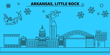 Amerika Birleşik Devletleri, Little Rock kış tatil manzarası. Mutlu Noeller, mutlu yeni yıl afiş Santa Claus.United Birleşik, Little Rock doğrusal Noel şehir vektör düz çizim ile dekore edilmiş