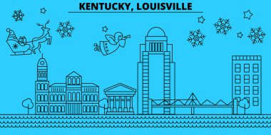 Amerika Birleşik Devletleri, Louisville kış tatil manzarası. Mutlu Noeller, mutlu yeni yıl afiş Santa Claus.United Birleşik, Louisville doğrusal Noel şehir vektör düz çizim ile dekore edilmiş