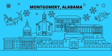 Amerika Birleşik Devletleri, Montgomery kış tatil manzarası. Mutlu Noeller, mutlu yeni yıl afiş Santa Claus.United Birleşik, Montgomery doğrusal Noel şehir vektör düz çizim ile dekore edilmiş