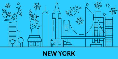 Amerika Birleşik Devletleri, New York kış tatil manzarası. Mutlu Noeller, mutlu yeni yıl afiş Santa Claus.United Birleşik Devletleri, New York doğrusal Noel şehir vektör düz çizim ile dekore edilmiş