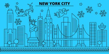 Amerika Birleşik Devletleri, New York şehir kış tatil manzarası. Mutlu Noeller, mutlu yeni yıl afiş Santa Claus.United Birleşik Devletleri, New York City doğrusal Noel şehir vektör düz çizim ile dekore edilmiş
