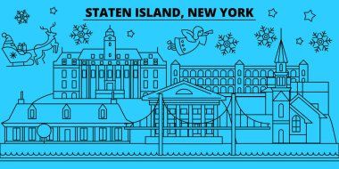 Amerika Birleşik Devletleri, New York Staten Island kış tatil manzarası. Mutlu Noeller, mutlu yeni yıl Noel Baba Claus.United Birleşik Devletleri, New York Staten Island doğrusal Noel city ile düz illüstrasyon vektör