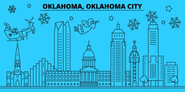 Amerika Birleşik Devletleri, Oklahoma City kış tatil manzarası. Mutlu Noeller, mutlu yeni yıl afiş Santa Claus.United Birleşik, Oklahoma City doğrusal Noel şehir vektör düz çizim ile dekore edilmiş