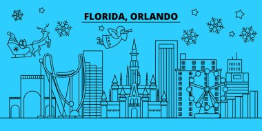 Amerika Birleşik Devletleri, Orlando kış tatil manzarası. Mutlu Noeller, mutlu yeni yıl afiş Santa Claus.United Birleşik Devletleri, Orlando doğrusal Noel şehir vektör düz çizim ile dekore edilmiş