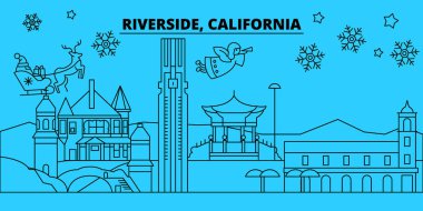 Amerika Birleşik Devletleri, Riverside kış tatil manzarası. Mutlu Noeller, mutlu yeni yıl afiş Santa Claus.United Birleşik, Riverside doğrusal Noel şehir vektör düz çizim ile dekore edilmiş