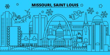 Amerika Birleşik Devletleri, Saint Louis kış tatil manzarası. Mutlu Noeller, mutlu yeni yıl afiş Santa Claus.United Birleşik Devletleri, Saint Louis doğrusal Noel şehir vektör düz çizim ile dekore edilmiş