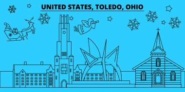 Amerika Birleşik Devletleri, Toledo kış tatil manzarası. Mutlu Noeller, mutlu yeni yıl afiş Santa Claus.United Birleşik, Toledo doğrusal Noel şehir vektör düz çizim ile dekore edilmiş