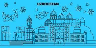 Özbekistan kış tatil manzarası. Mutlu Noeller, mutlu yeni yıl afiş Santa Claus.Uzbekistan doğrusal Noel şehir vektör düz çizim ile dekore edilmiş